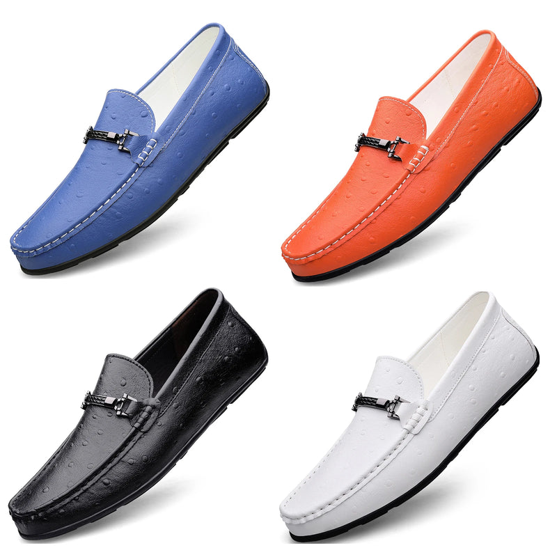 Men's Ostrich Embossed Loafers, PU Leather Slip On Driving Shoes with Metal Buckle, Orange/White/Black Casual Shoes