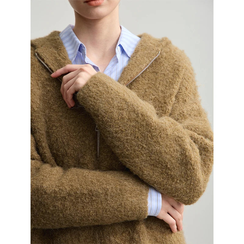 AMII Hooded Women's Sweater 2026 Winter New Shoulder Sleeve Zipper Loose Sweater For Woman Casual Knitted Pullover Top 12554064