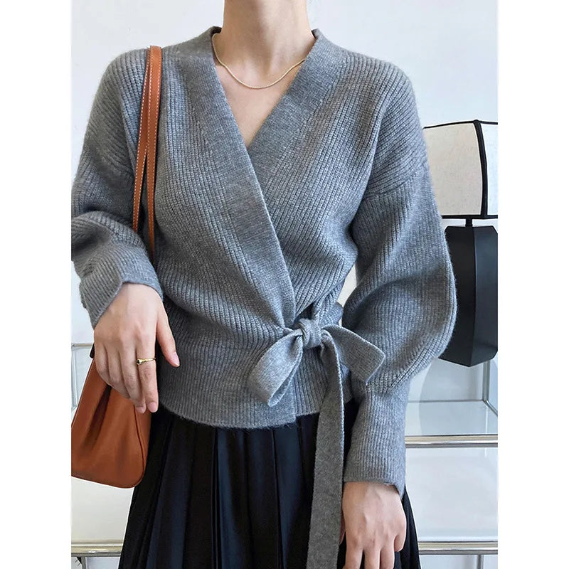 Korean Thin Sweater Outerwear Top Autumn and Winter French V-neck Lace Up Fashion Knitted Cardigan Women Slim Jumper