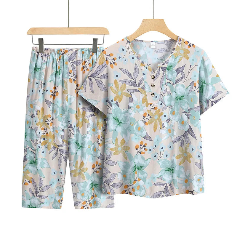 Women's Summer Pajamas Short-Sleeved Night Wear For Ladies Sleepwear Two-piece Middle-aged Pijama Floral Home Wear Pyjama Femme