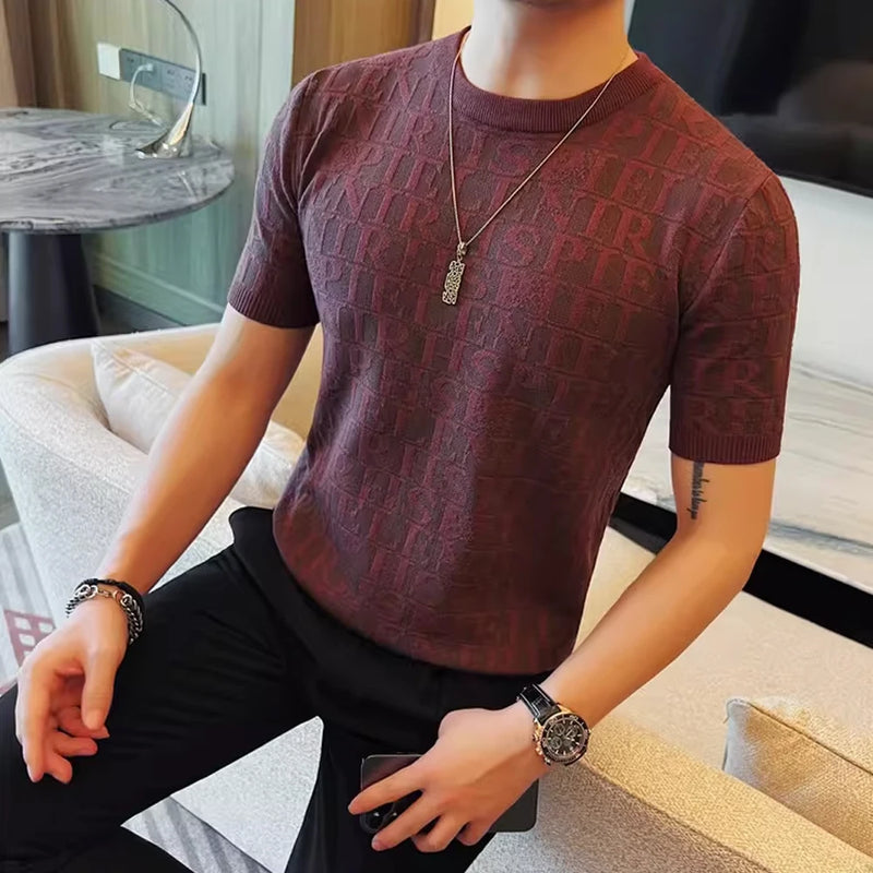 Men's Slim Fit Short Sleeve T-Shirt Casual Round Neck Letter Print Knitted Top