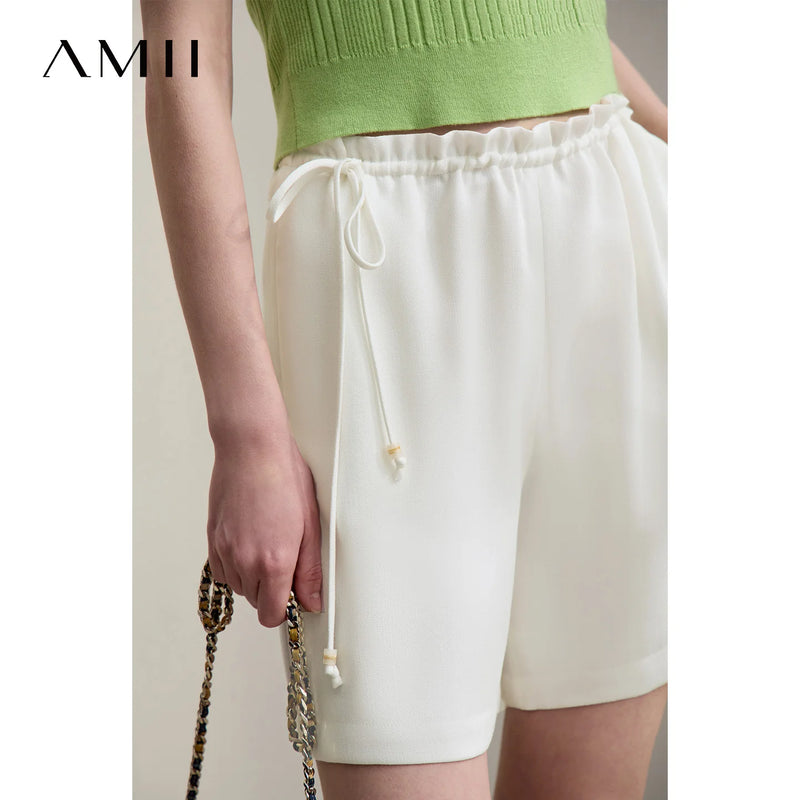 Amii Women's Shorts 2026 Summer New Elastic Tie Waist Ruffle Drawstring Linen Casual Pants Loose Office Woman Clothes 12622111
