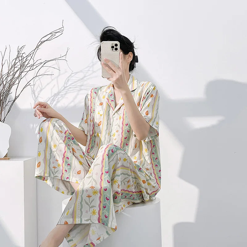 Floral Pajamas Woman Summer Night Wear Ladies 2 Piece Pijama Cardigan Lapel Short Sleeve Homewear Loungewear Home Suit 2026 New