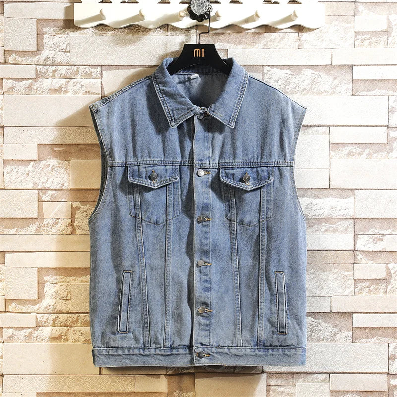 2026 Spring New Men's Black Denim Vest Jacket, Teenagers Blue Leisure Hooded Coat M-5XL