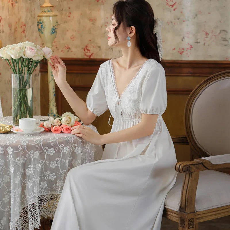 Palace Style Short Sleeved Night Wear For Women Summer Nightdress Cotton Lace Princess V-Neck Nightgowns Loose Home Clothes