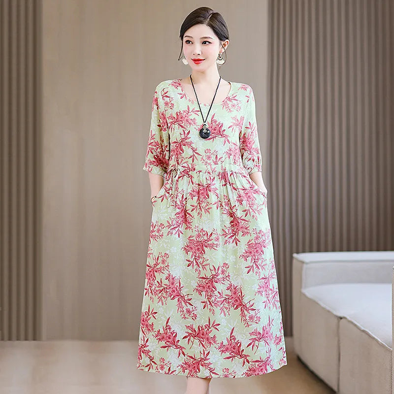 XL-5XL អាវយឺតកប្បាសសម្រាប់ម្តាយវ័យកណ្តាល រចនាបថថ្មី រ៉ូបសម្រាប់គេងរដូវក្តៅសម្រាប់ស្ត្រី រ៉ូបគេងរលុង