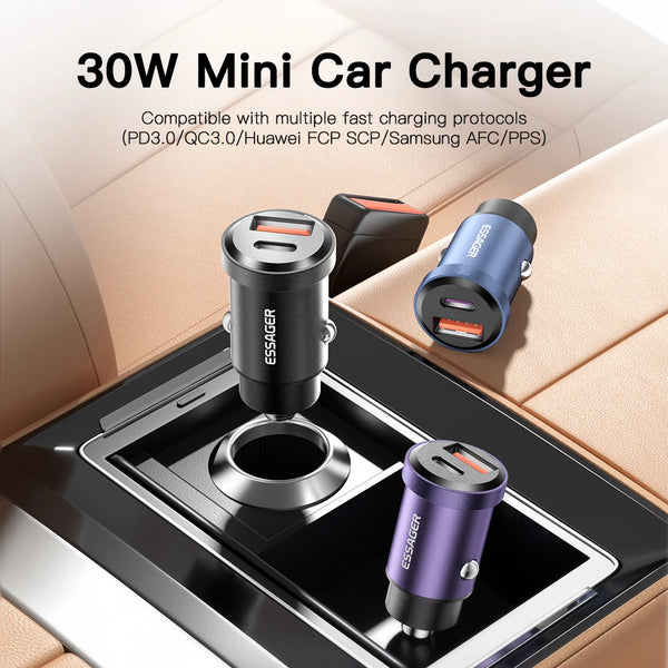 ឆ្នាំងសាករថយន្ត Essager 30W USB Quick Charge 4.0 QC PD 3.0 SCP 5A USB Type C សាកថ្មរថយន្តលឿនសម្រាប់ iPhone 14 13 Huawei Samsung Xiaomi