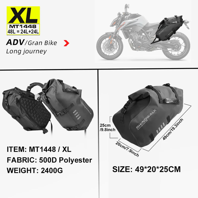 កាបូបចំហៀងម៉ូតូ Rhinowalk មិនត្រូវការរ៉ាកែត 2 ដុំ ធន់នឹងទឹក ស្ងួត ដំឡើងរហ័ស កាបូបចំហៀងពីរ សម្រាប់ដាក់ម៉ូតូ 18L/28L/48L