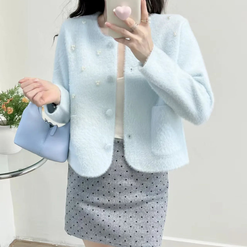 Korean Fashion Knitted Cardigan Jacket Women's Autumn Winter Top New Temperament Crew Neck Sweater Single Breasted Coat Female