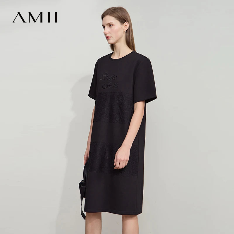 រ៉ូប Amii Minimalist រលុង 2026 ម៉ូដរដូវក្តៅ កមូល អក្សរ ប៉ាក់ចរ រ៉ូបធម្មតា សម្លៀកបំពាក់នារី 12542195