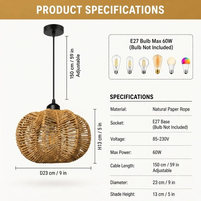JOYINLED E27 Woven Chandelier Boho Pendant Lamp with Handwoven Rattan Basket Lamps Hade Hanging Light Fixture Bedroom Farmhouse
