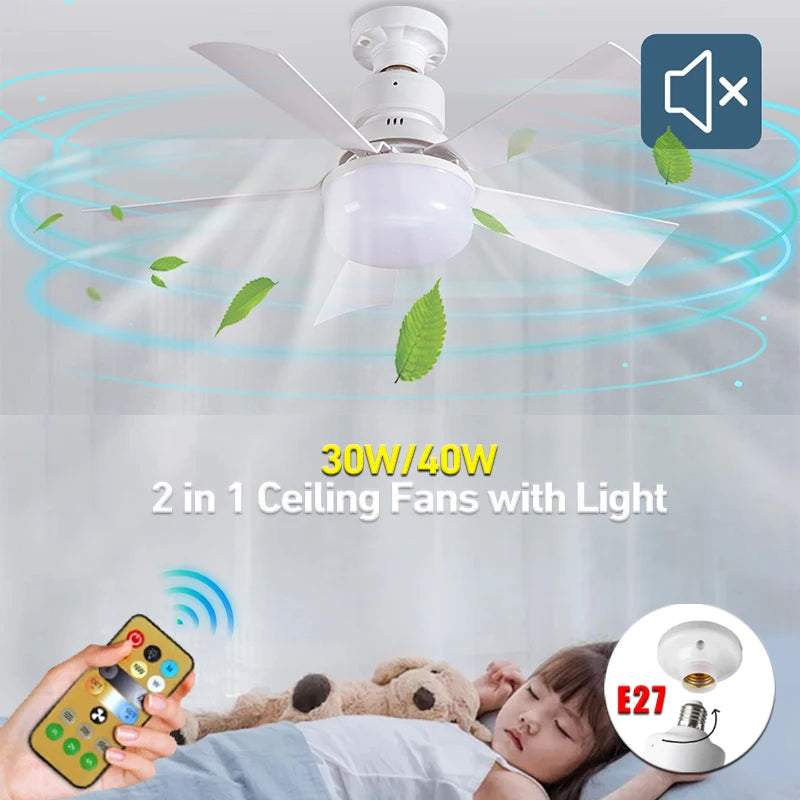 30W/40W E27 Ceiling Fan Light with Remote Dimming LED Lights Suitable Fan Intelligent Silent Ceiling Fan for Living Room Bedroom