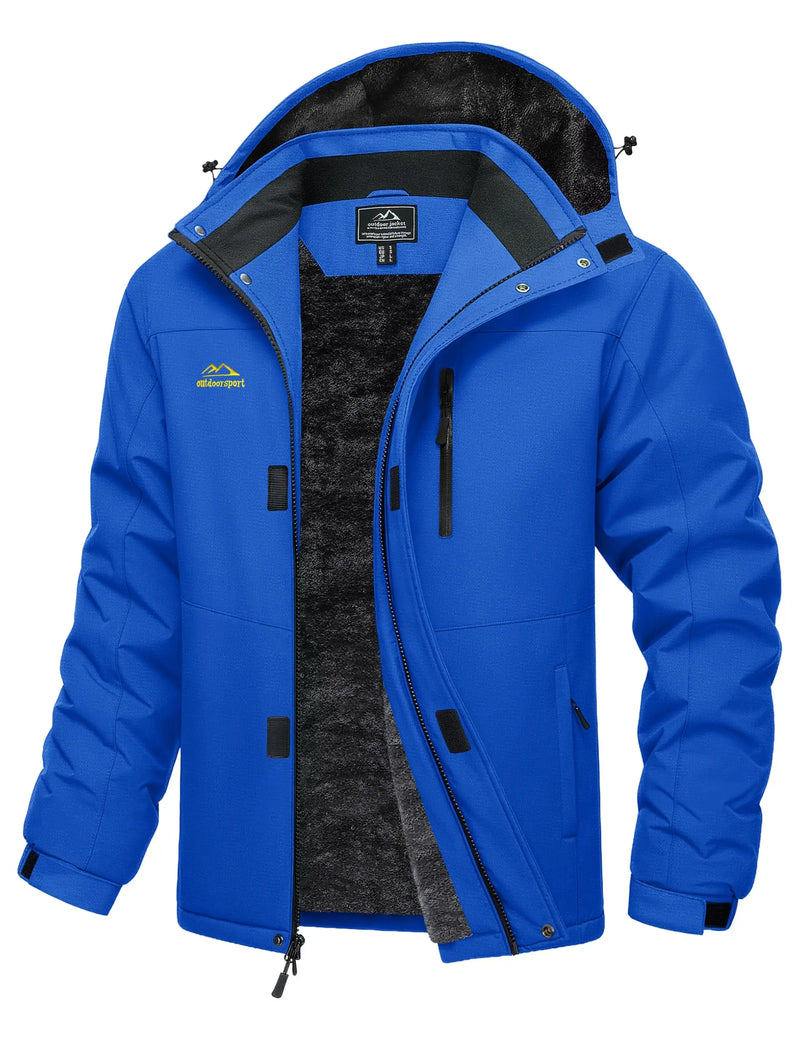 TACVASEN Mens Ski Jacket Waterproof Fleece Parka Coat Detached Hood Windproof Placket Outdoor Coat Winter Warm 5 Pocket RainCoat