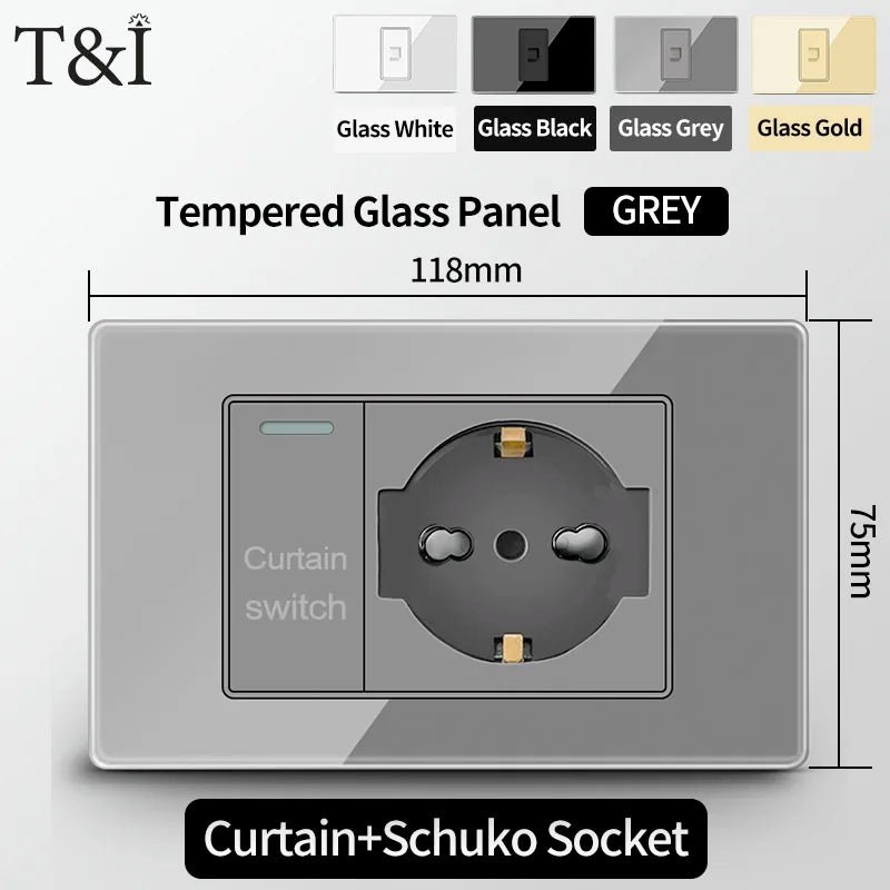 T&I Wall Switch Sockets With USB TypeC  Fast Charging, Italy Socket , Chile Schuko Outlet, Tempered Glass Panel for Home