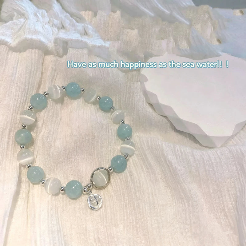 White Cat Eye Stone Beaded Bracelet Silver Plated Butterfly Charm Bracelet Adjustable Tassel Dangle Crystal Bracelets for Women