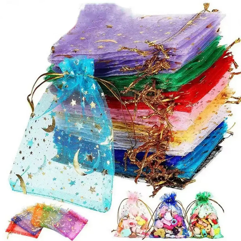 50PCS Moon Stars Drawstring Organza Bags Jewelry Gift Bags Pouches Gold Star Organza Favor Pouches for Christmas Wedding