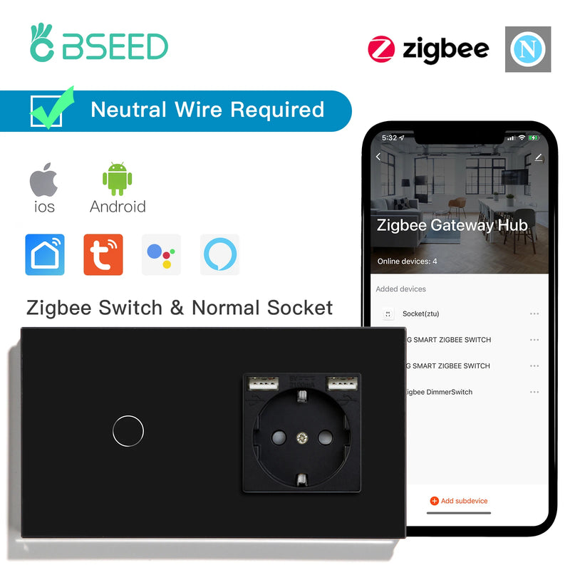 BSEED Zigbee Touch Switch 1/2/3Gang 2/3Way Smart Wall Switch Plus EU Socket Tuya Google Home App Alexa Control Need Neutral Wire