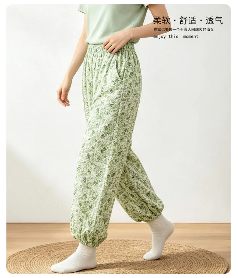 Thin Style Floral Print Pajamas Pants Sleepwear 100% Cotton Sleep Bottoms Comfort Pants Casual Summer Home Clothes Nightwear