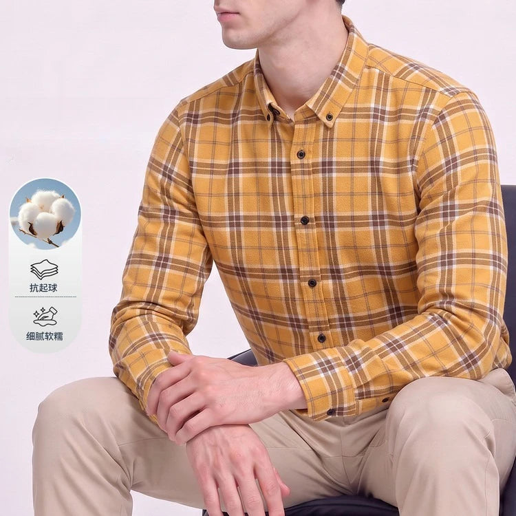 Men's 100% Cotton Brushed Plaid Long Sleeve Shirt – Soft Flannel Casual Button-Down for Outdoor & Daily Wear