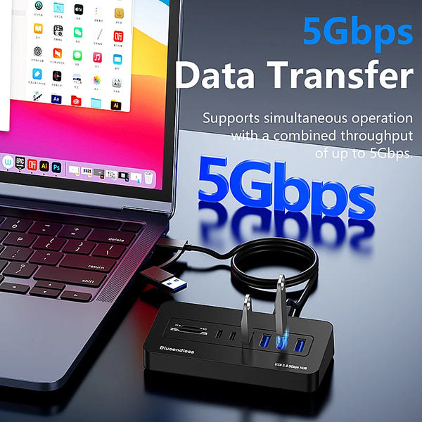 ស្ថានីយ៍ចត USB-C Hub ពហុរន្ធ Blueendless 5Gbps USB3.0 Splitter 7/8-រន្ធ 2-in-1 ខ្សែថាមពលខាងក្រៅ 5V សម្រាប់កុំព្យូទ័រយួរដៃ PC