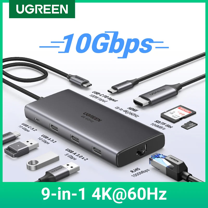 UGREEN USB-C HUB to 4K60Hz HDMI RJ45 Gigabit PD100W SD&TF USB3.2 10Gbps Splitter for MacBook Laptop Accessories Docking Station