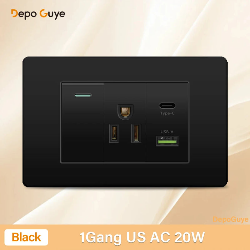 Italy Chile Mexico Outlet with USB Smart Type-c 20W Fast Charging Wall plug,Brazil Electric Light Switch Dual usb Power Socket