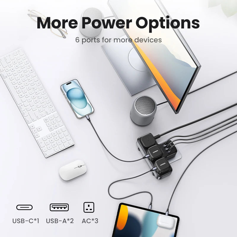 UGREEN 30W UK Plug Desktop Charger Power Strip Outlet Extension Adapter For iPhone 17 16 Pro Max Xiaomi Wall Fast Charger AD DC
