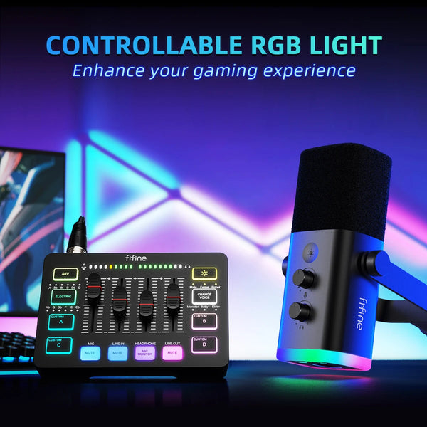 ឈុត FIFINE Podcast All-in-One ជាមួយឧបករណ៍លាយសំឡេង RGB ឈុតស្ទូឌីយោស្ទ្រីមជាមួយមីក្រូហ្វូនថាមវន្តសម្រាប់ការថតហ្គេមកុំព្យូទ័រ - Ampligame KS5