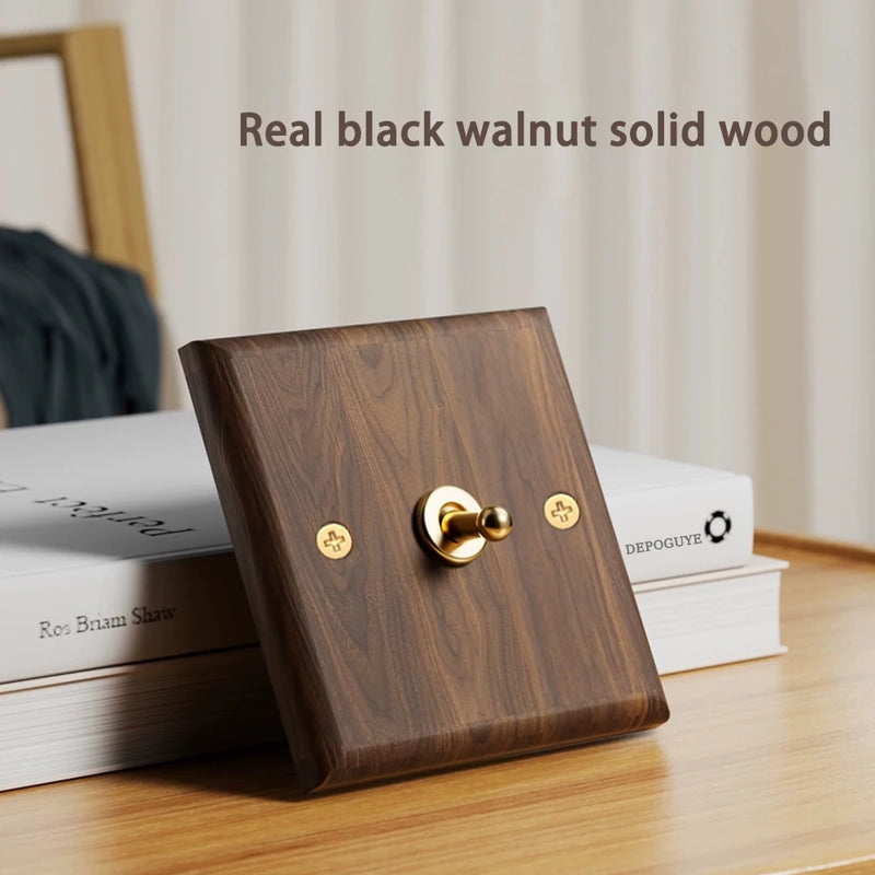 Black Retro Walnut Wall Toggle Switch Panel 1-4Gang 2Way Solid Wood Double EU/FR Socket Universal Usb C Electrical Power Outlet