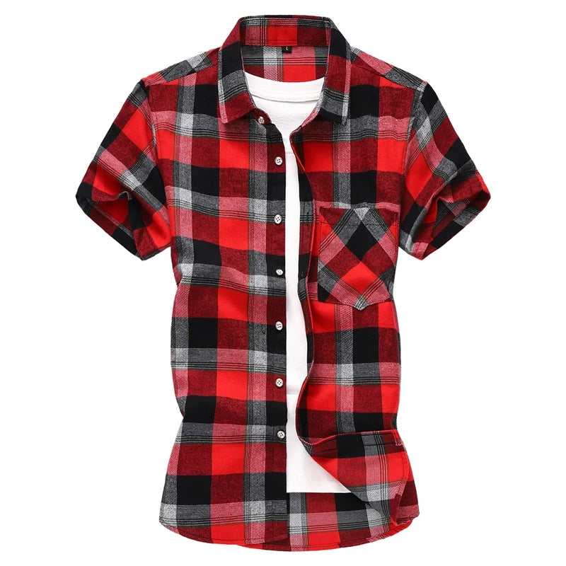 Men Red Striped Plaid Short-sleeved Shirt, Single-breasted Square Collar Cotton Shirts Summer Fashion Casual Camisa Men Chemise