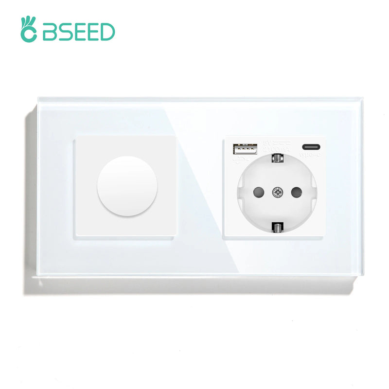 BSEED Mechanical Dimmer Light Switch Plus EU Socket USB Type-C Port Power Outlet Led Dimmable Switch Glass Frame 10A