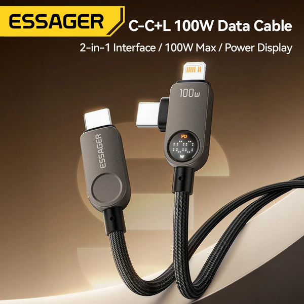 ខ្សែសាក Essager 2 in 1 USB Type C 100W PD Fast Charging Wire Type C To Lighting Cable សម្រាប់ iPhone 17 16 15 14 MacBook iPad Xiaomi