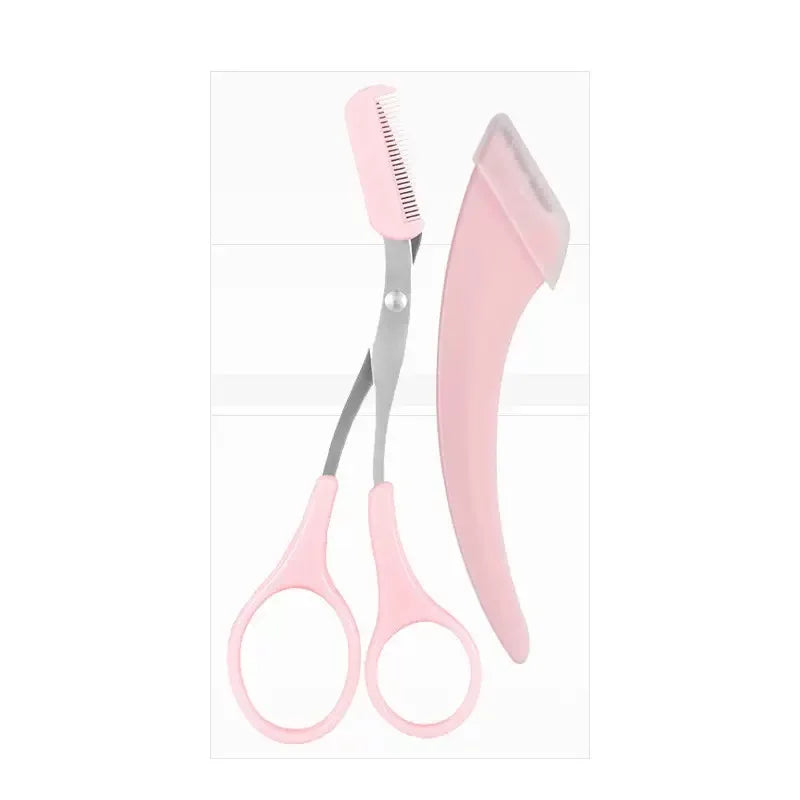 3Pcs Eyebrow Trimmer Set Curved Razor Scissors With Comb Macro Brow Shaper Safety Grooming Kit For Women