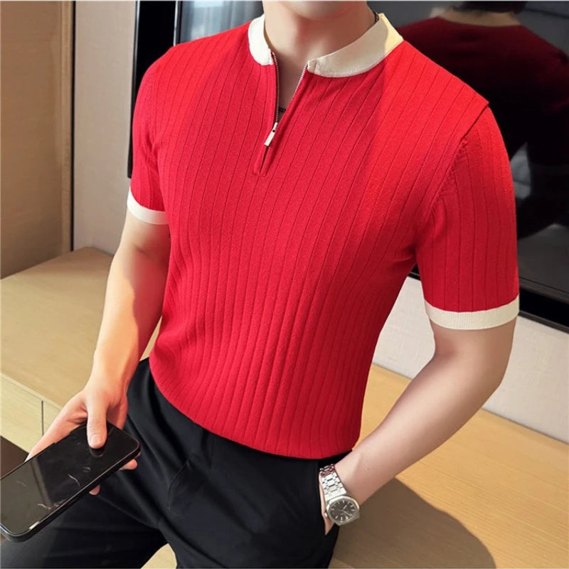 Men's Stretch Ice Silk Knit Polo Shirt with Half Zip and Contrast Color Stand Collar Half-zip Color-block Stand Collar T Shirt