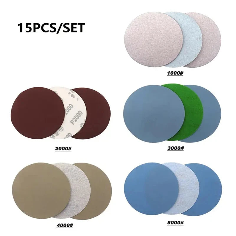 SEAMETAL 15PCS 125mm Inches Grit 1000 2000 3000 4000 5000 Sanding Discs Hook Loop Sandpaper Round Disk for Car Accessories