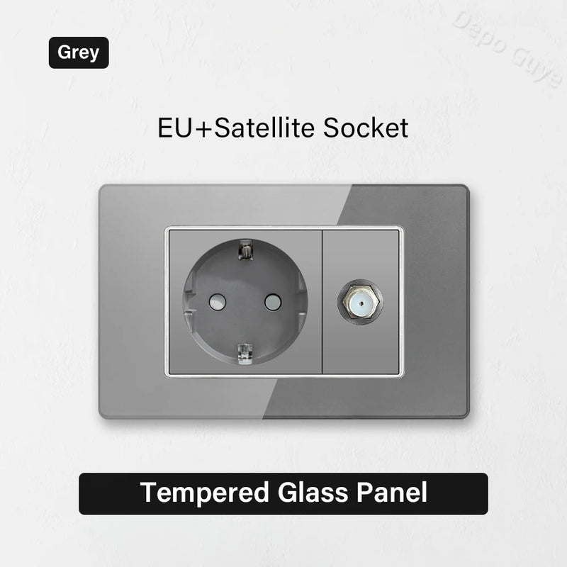 Type 118 Grey Tempered Glass Panel EU Wall Light Switch,Europe Wall Socket With USB Type-c 18W Quick Charge Outlet 118*75mm