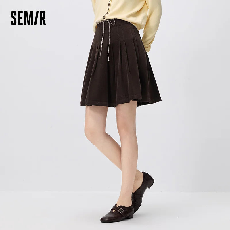 Semir Women Mini Skirt Corduroy Cotton Patchwork High Waist Pleated Retro Casual Autumn Bottoms Daily Wear 2026