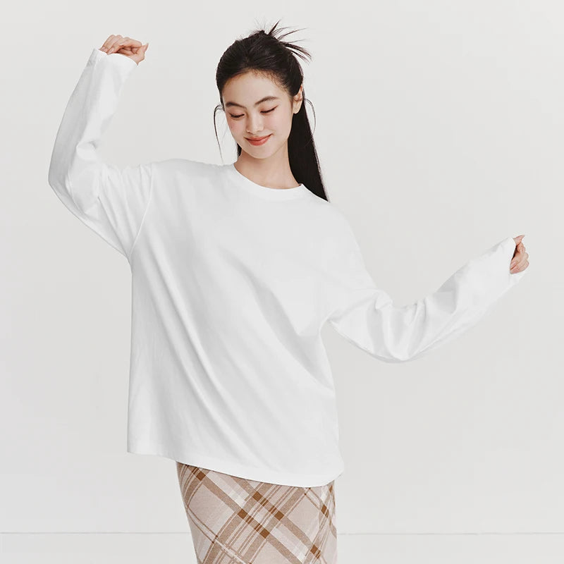 Semir Versatile Tshirt Unisex 2026 Spring Autumn Cotton White Basic Inner Layer Casual Couple Style Daily Wear Top