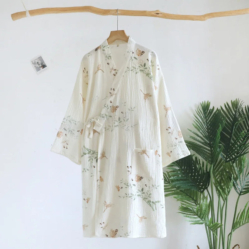 Kimono Robes Floral Dressing Gown Sleepwear Spring Autumn New 100% Cotton Long Sleeve Women's Bathrobe Nightie Pyjama Female