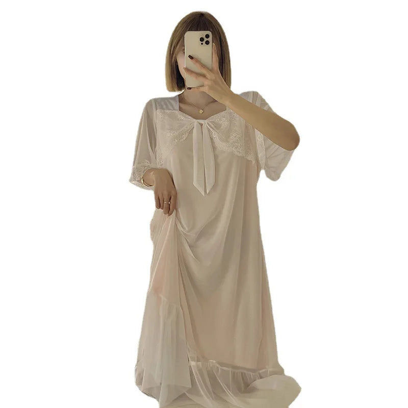 Summer Mesh Palace Nightgowns For Women With Butterfly Bow Night Dress Woman Loose Sleepwear Nightshirt Female Nightwear