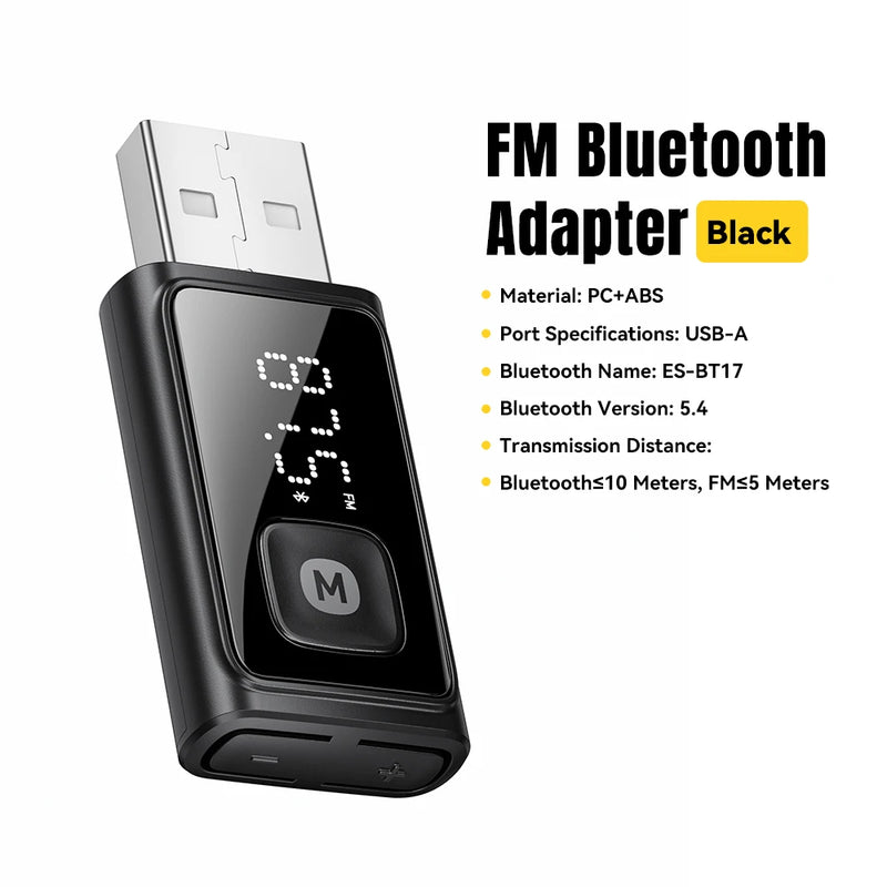 ESSAGER ឧបករណ៍ភ្ជាប់ Bluetooth 5.4 សម្រាប់រថយន្ត ឧបករណ៍បញ្ជូន FM ឥតខ្សែ ឧបករណ៍ទទួលសំឡេង និងការហៅទូរសព្ទដោយមិនប្រើដៃ មីក្រូហ្វូនស្តេរ៉េអូស្វ័យប្រវត្តិ គ្រឿងបន្ថែមសម្រាប់រថយន្ត