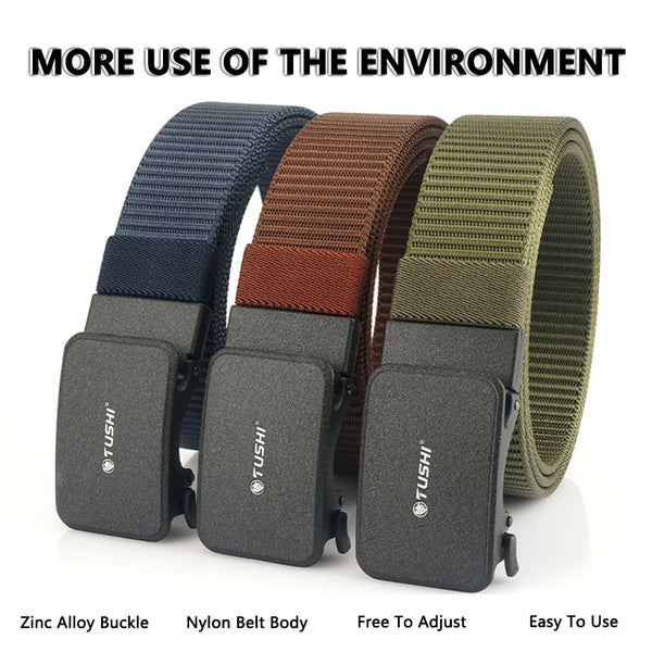 TUSHI Men's Automatic Slide Buckle Nylon Webbing Belt Adjustable Tactical Waist Belt For Outdoor Hiking Work Casual Daily Wear