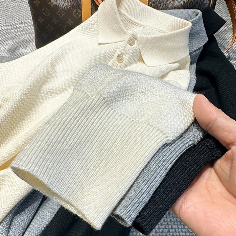 Men's Wool Blend Sweater, Polo Collar Shell Buttons, Old Money Style, Light Beige Gray