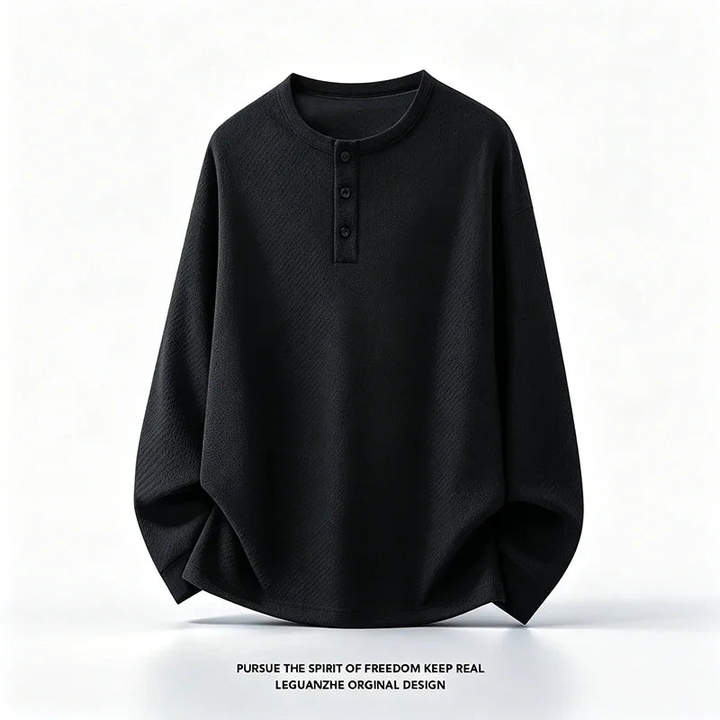 Mens Button Notch Henley Pullover Long Sleeve Waffle Knit Fabric Loose Fit For Daily And Casual Occasions