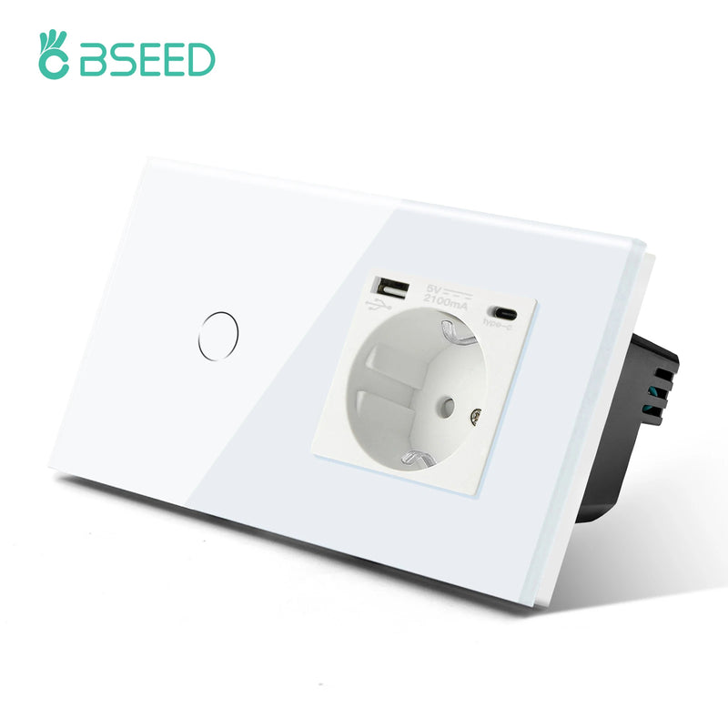 BSEED 1Gang Touch Screen Light Switches LED Backlight Wall Switches With Socket USB Type-C Charge Port Glass Panel Max.Load 300W