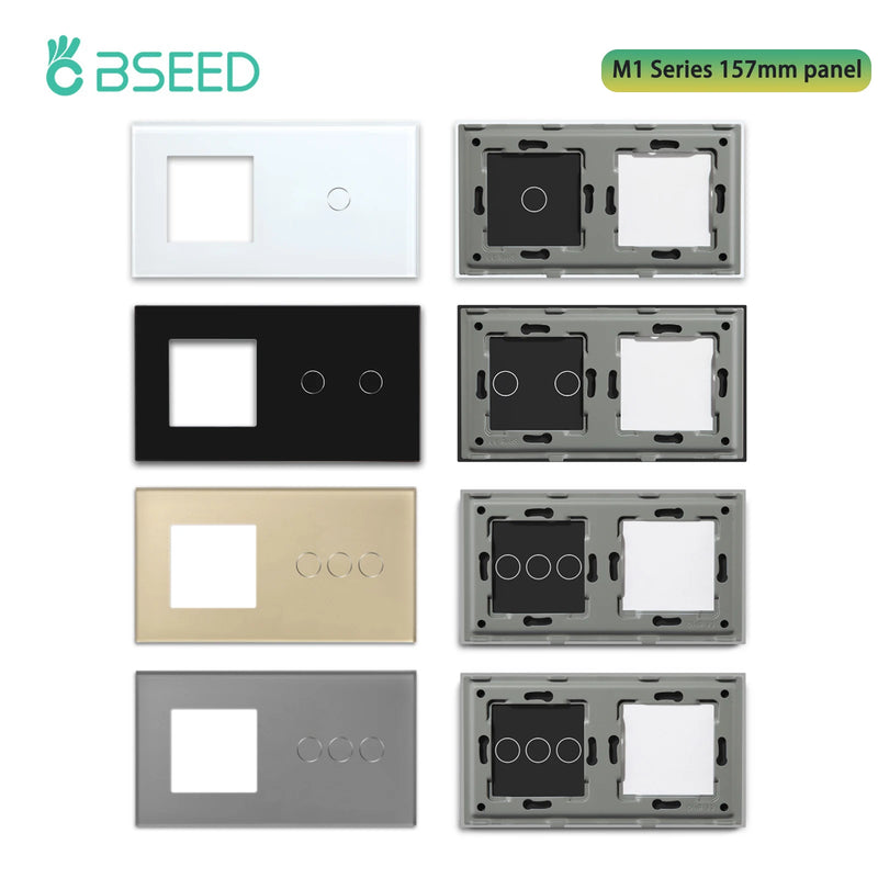 BSEED  M1 Series Frame Plus 1/2/3Gang Glass Panel For Touch Switch Wall Socket With Metal Plate White Black Golden 157mm