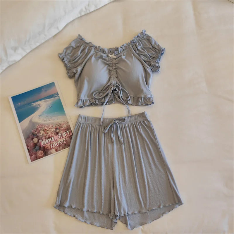 Summer Woman Pajamas Shorts Nightwear Chest Pads Pijama 2 Piece Sets Sleepwear Women's Pajamas Home Suit Pyjamas Female Clothing