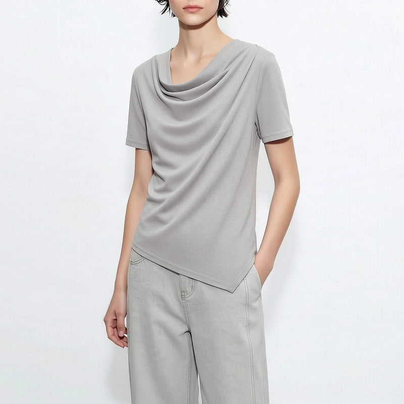 Amii Women's T-Shirt 2026 Summer New Cowl Neck Asymmetric Hem Shirred Tee Stretch Short Sleeve Casual Top For Women 12642069