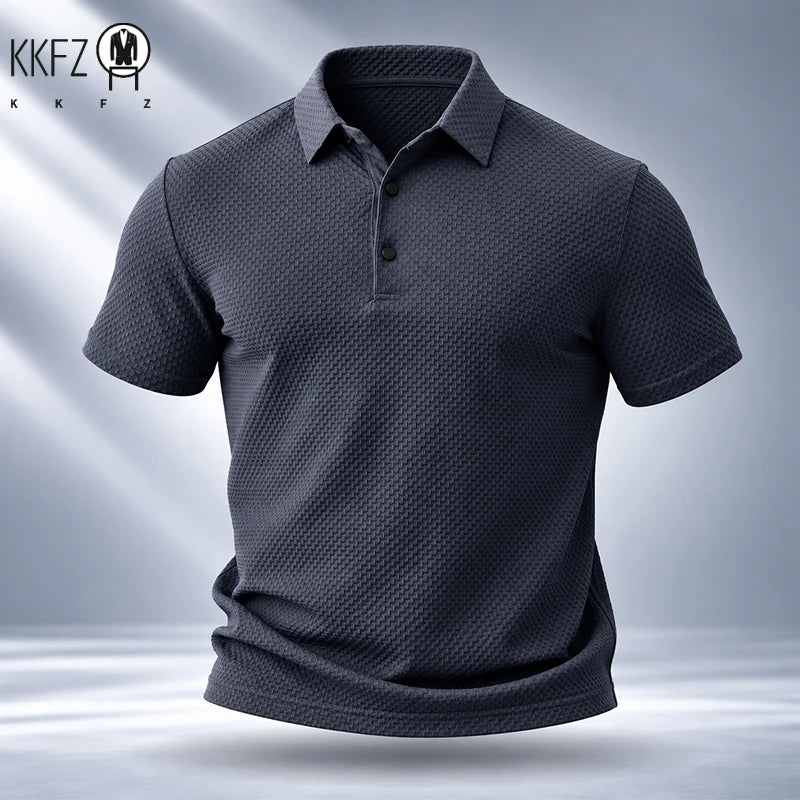 Mens Short Sleeve Polo Garment Fine Workmanship Breathable Soft Waffle Material Stretchy Design For Office Working Casual Wear