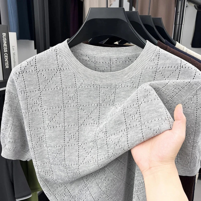 Men's Linen Blend Short Sleeve Sweater | Lightweight Breathable Hollow Out Knit | Summer Crew Neck Cool T-Shirt Top